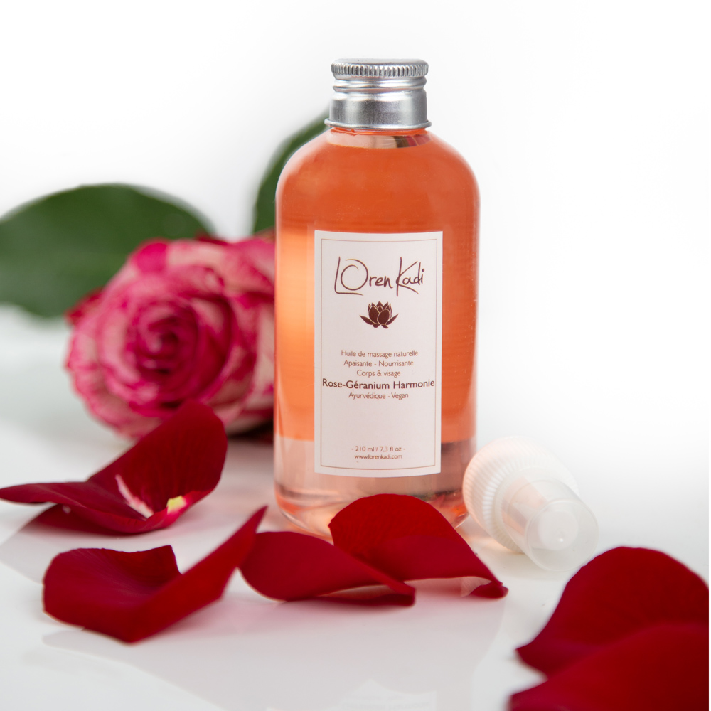 Huile de massage ayurvédique apaisante "Rose-Géranium Harmonie" - corps & visage- 210 ml - Vegan