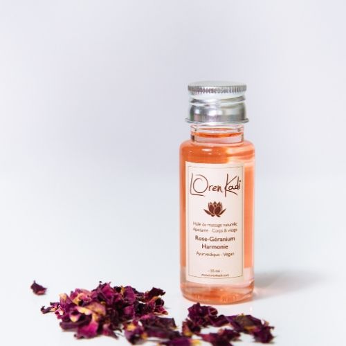 Huile de massage ayurvédique naturelle "Rose-Géranium Harmonie" corps & visage - 55 ml - Vegan