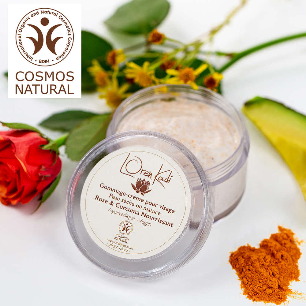 Gommage crème "Rose-Aloe-Curcuma" Nourrissant - visage peau sèche ou mature - 50 g - Vegan